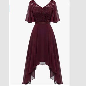 BeryLove Lace V Neck Dress Flutter Sleeve Asymmetrical Hem Womens XL - Burgundy